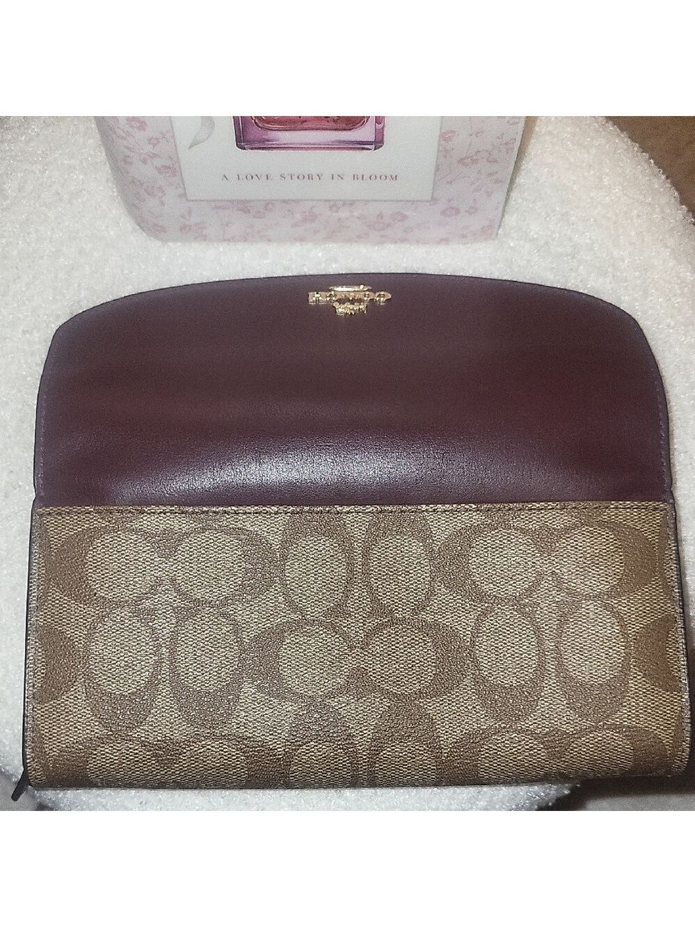 Coach Trifold Wallet in Burgundy, Pink & Brown Signature Canvas - Picture 11 of 13